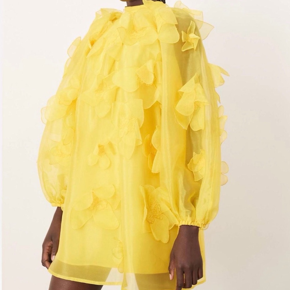 YELLOW FLORAL ORGANZA MINI DRESS